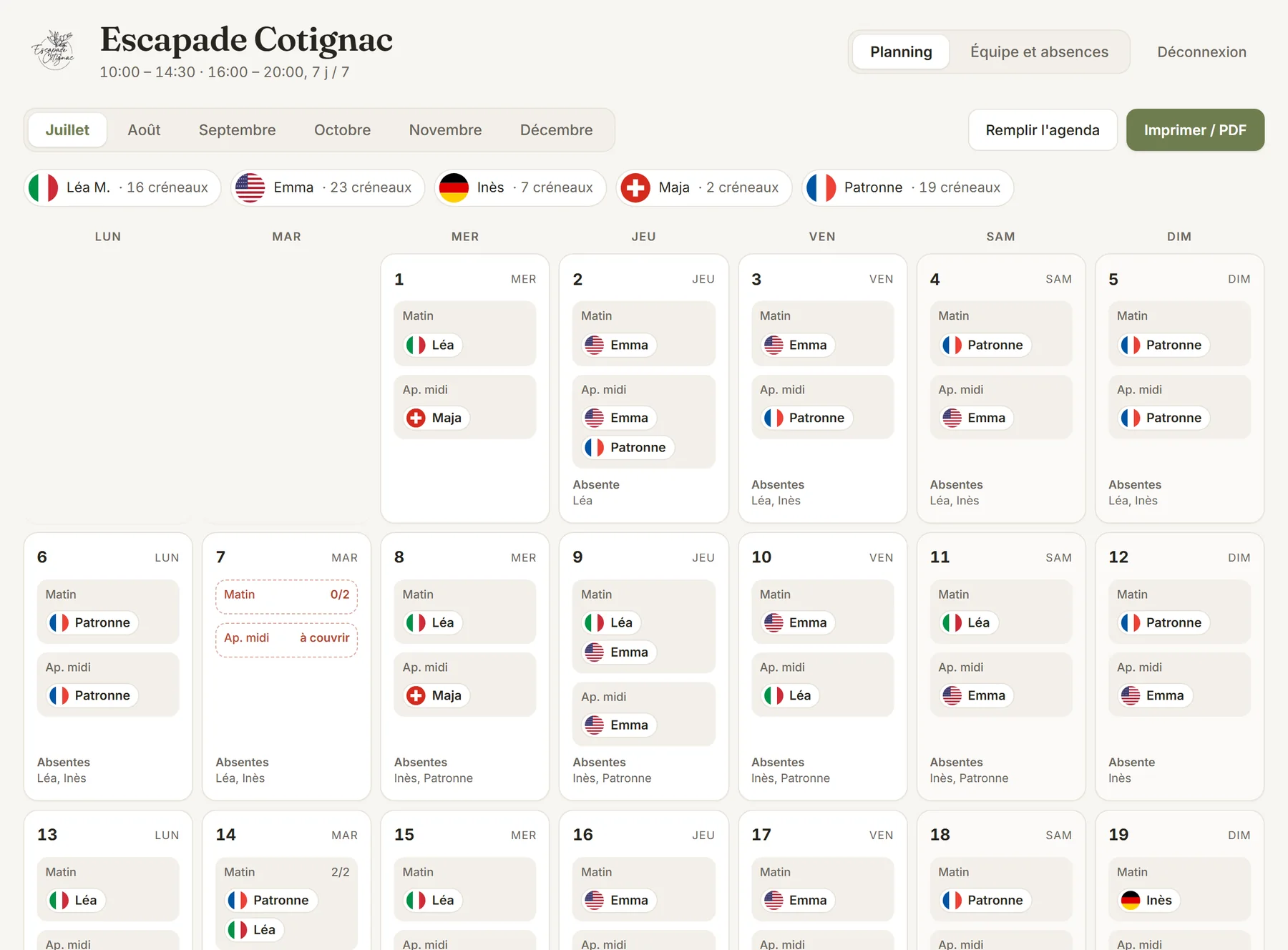 Le planning du mois de juillet