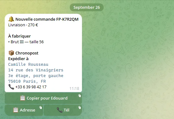 Une commande reçue sur Telegram, prête pour l’atelier
