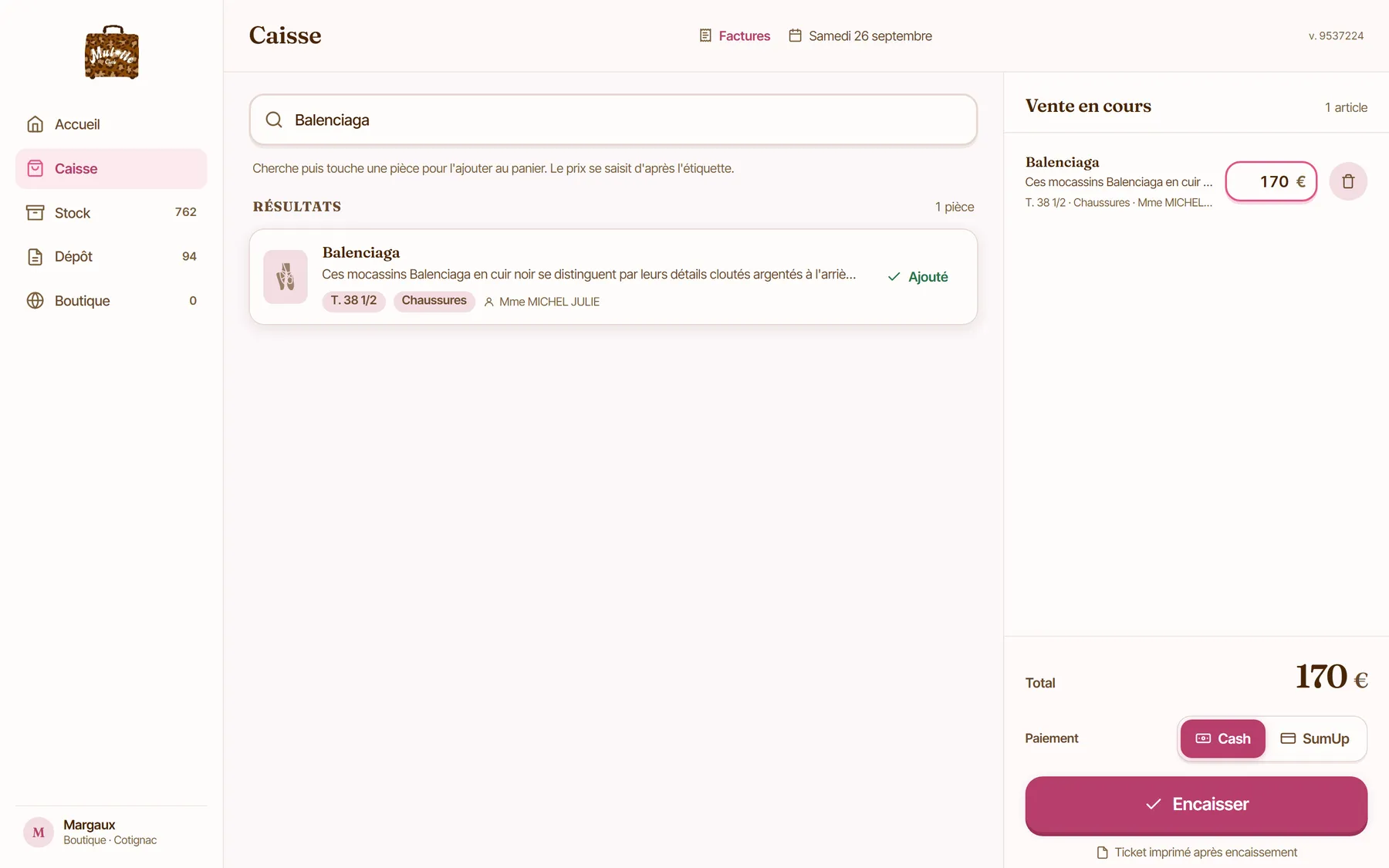 Caisse de la console Mulotte avec une vente en cours