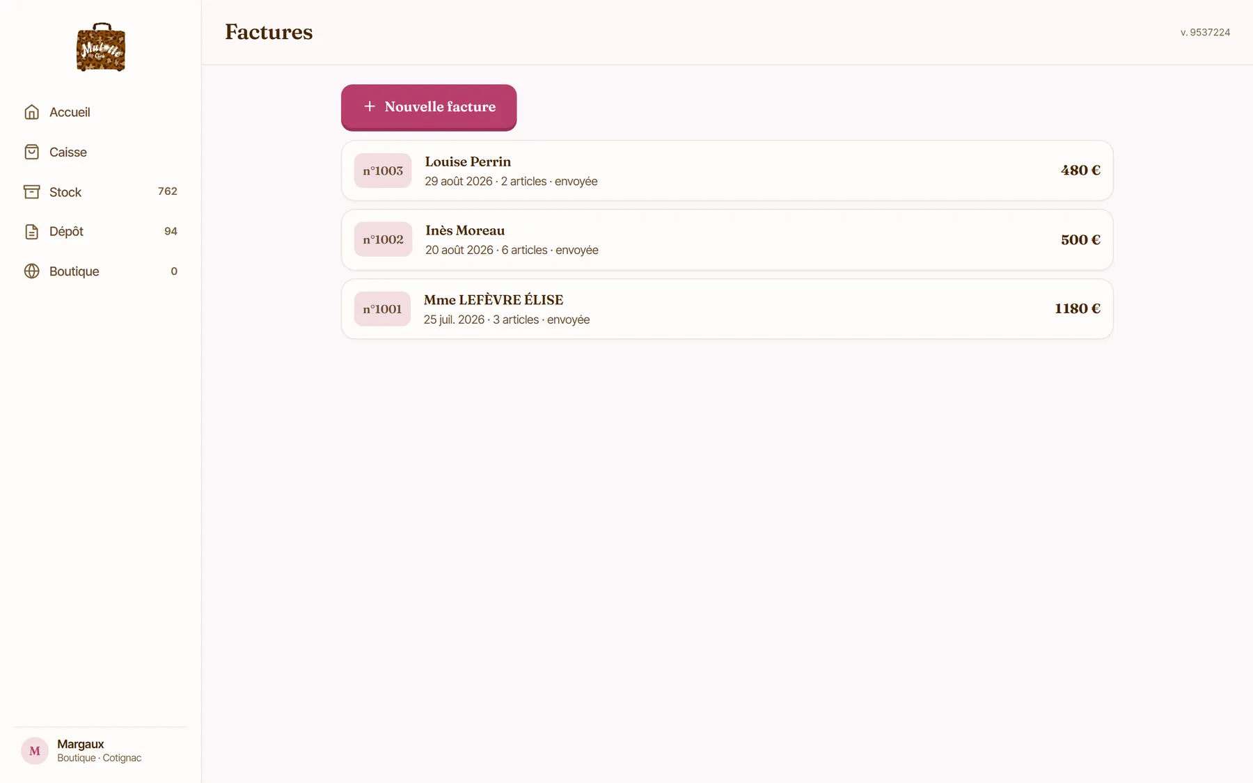Les factures dans la console Mulotte