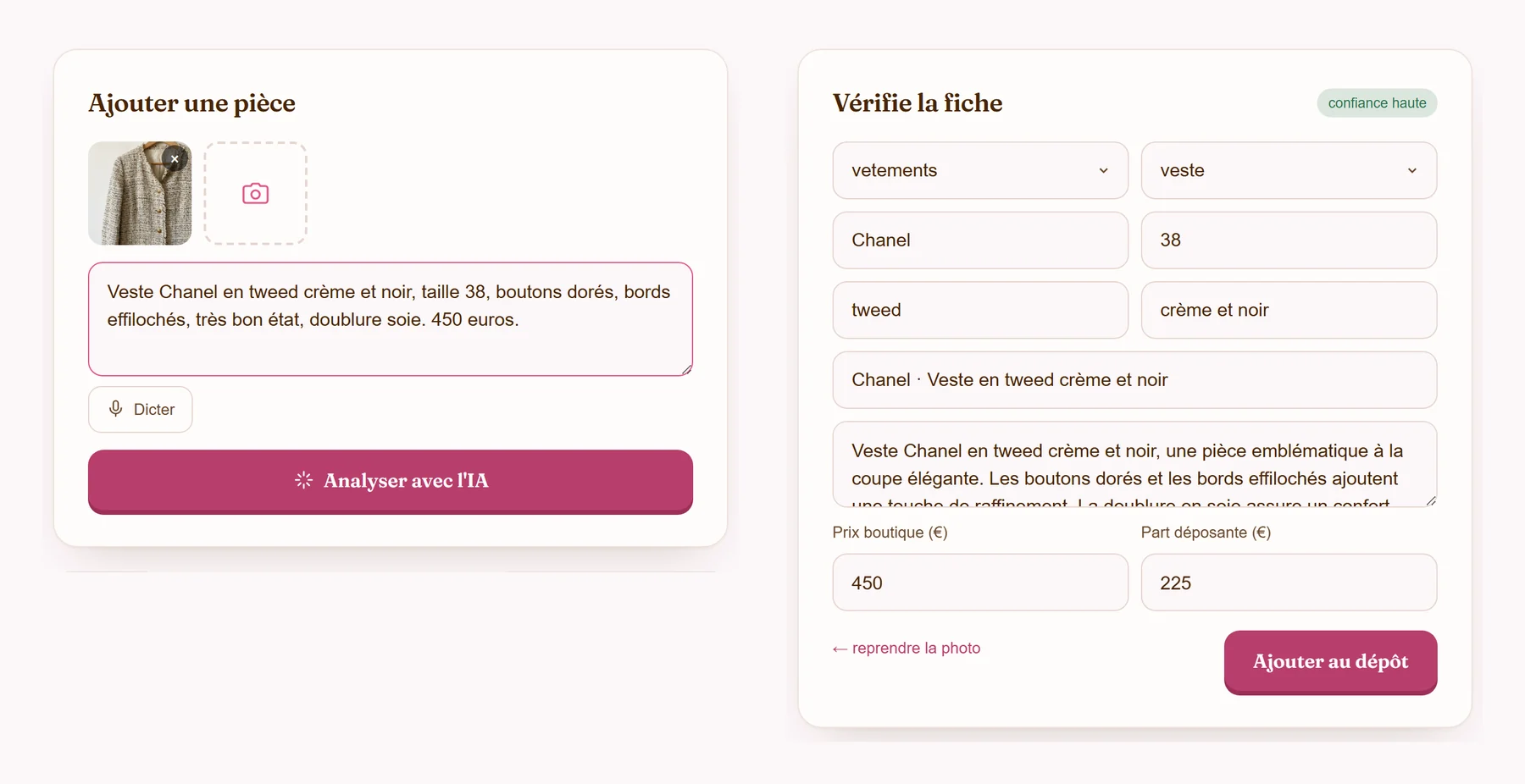 Une photo et une note dictée, puis la fiche produit remplie par l’IA