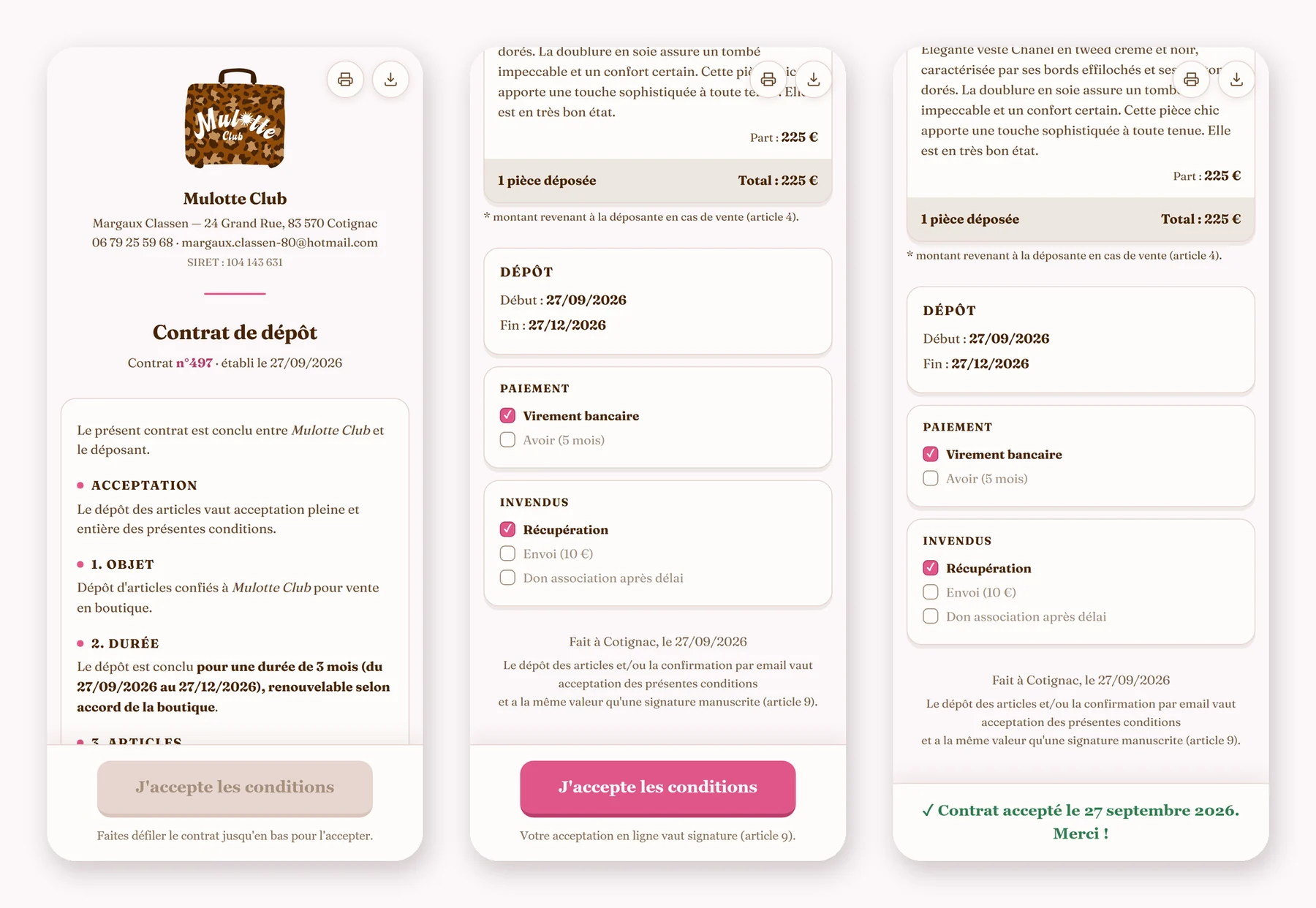 Le contrat de dépôt lu puis signé en ligne sur téléphone